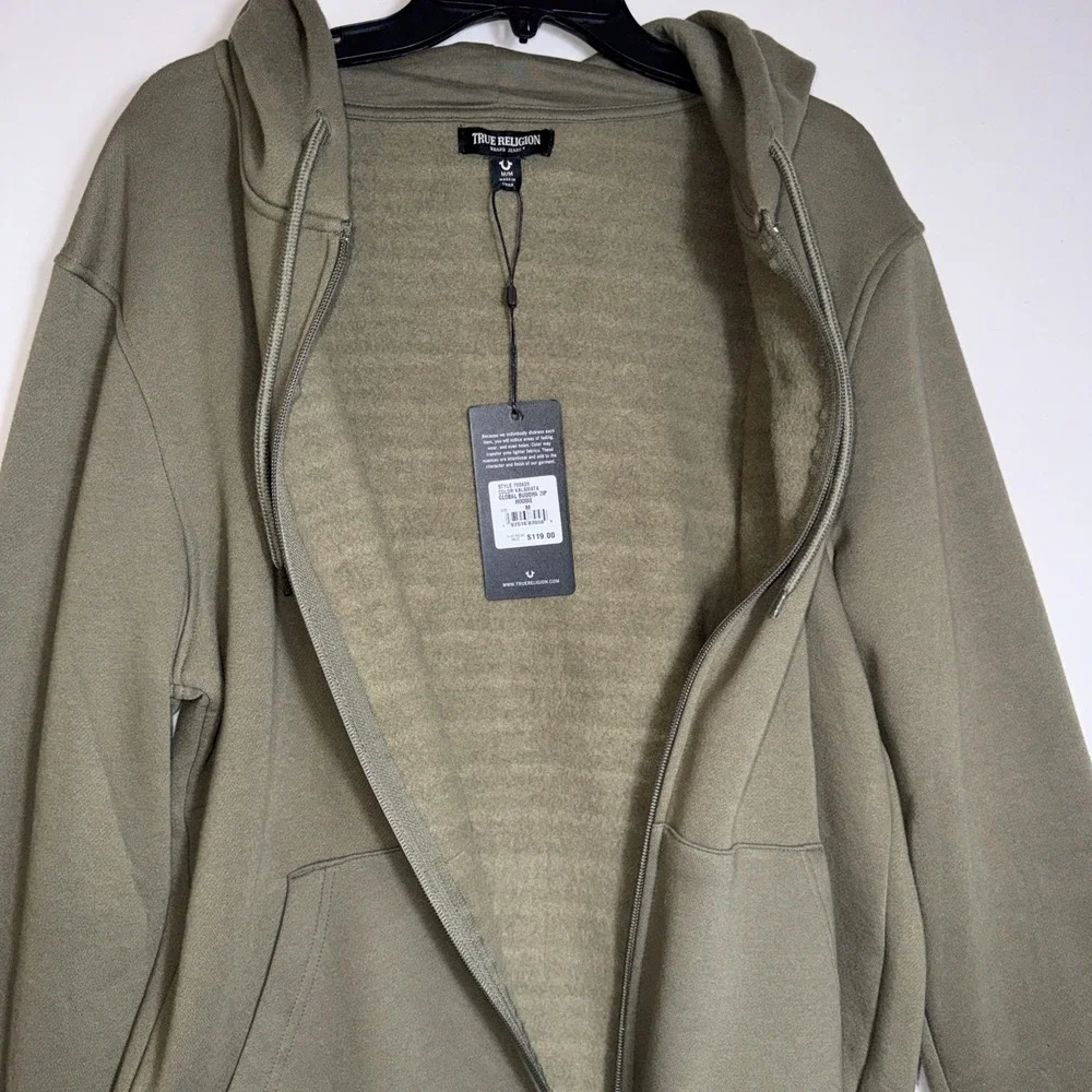 True Religion Hoodie Mens M‎ Green Buddha Full Zip Sweatshirt Fleece Sweater NWT